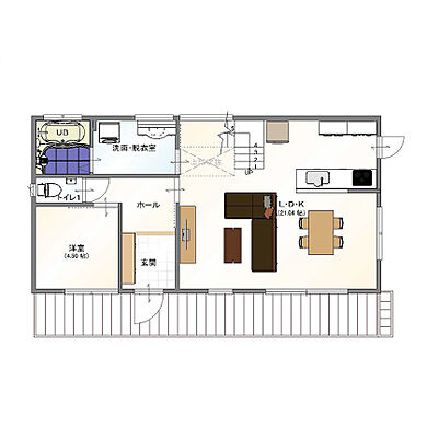 丸和建設株式会社の施工事例「【霧島市 2階建て】35.56坪 ウッドデッキとストリップ階段で解放感がある家」の1階間取り図の画像1
