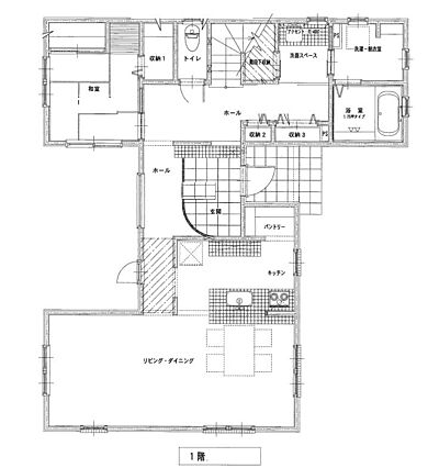 丸和建設株式会社の施工事例「【鹿児島市 2階建て】41.9坪 素朴でアンティークな風合いの家」の1階間取り図の画像1