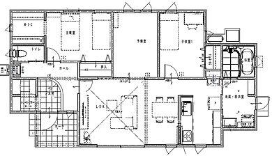 丸和建設株式会社の施工事例「【鹿児島市 平屋】25.05坪 カフェテイストな北欧デザインの家」の1階間取り図の画像1