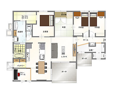 丸和建設株式会社の施工事例「【霧島市 平屋】32.37坪 小上がりのピアノスペースがある家」の1階間取り図の画像1