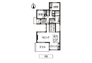 トヨタホームの施工事例「採光と動線の工夫を満載。 20代が建てた中庭のある平屋。」の1階間取り図の画像1