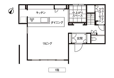トヨタホームの施工事例「料理もおもてなしも、 ふたりでもっと楽しめる家。」の1階間取り図の画像1