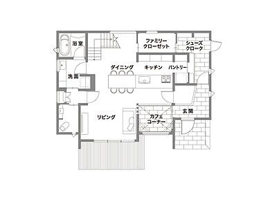 【サーラ住宅】外断熱工法で建てる注文住宅の施工事例「黒基調のDKを中心とした家事動線がスムーズな家」の1階間取り図の画像1