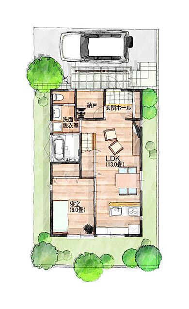 建築工房ピネストの施工事例「同居型2世帯住宅『見守りの家』」の1階間取り図の画像1