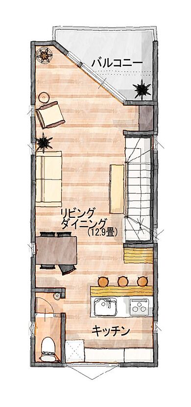 建築工房ピネストの施工事例「狭小3階建住宅『くつろぎの家』」の2階間取り図の画像2