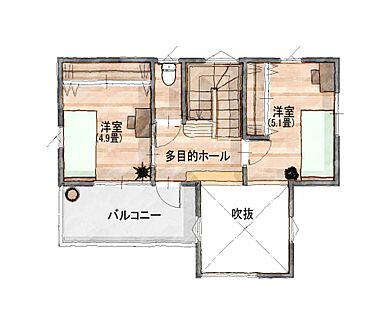 建築工房ピネストの施工事例「自然素材と大きな吹き抜け住宅『木立の家』」の2階間取り図の画像2