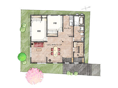 建築工房ピネストの施工事例「高性能二世帯住宅『ゆかりの家』」の1階間取り図の画像1