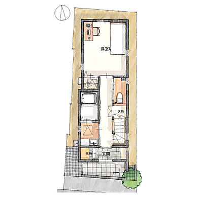 建築工房ピネストの施工事例「狭小3階建て/敷地約14坪/木造・準耐火住宅『みわたしの家』」の1階間取り図の画像1