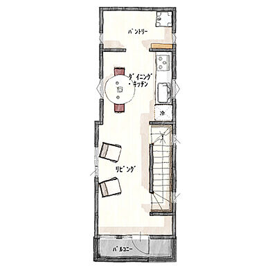 建築工房ピネストの施工事例「狭小3階建て/敷地約14坪/木造・準耐火住宅『みわたしの家』」の2階間取り図の画像2